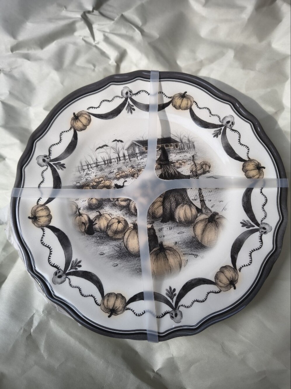 Set of 4 Melamine Halloween Witch In A Pumpkin Patch Appetizer/Dessert Plates